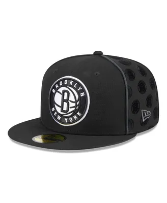 Men's New Era Black Brooklyn Nets Piped & Flocked 59Fifty Fitted Hat