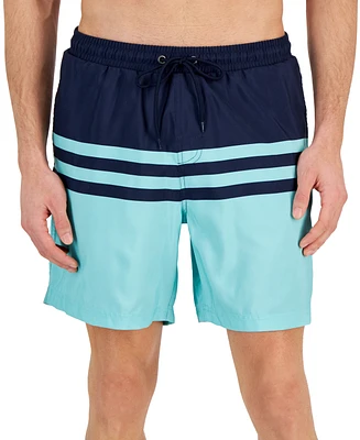 Club Room Men's Quick-Dry Performance Colorblocked Stripe 7" Swim Trunks, Created for Macy's