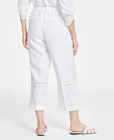 Charter Club Women's 100% Linen Cropped Eyelet Pull-On Pants, Created for Macy's