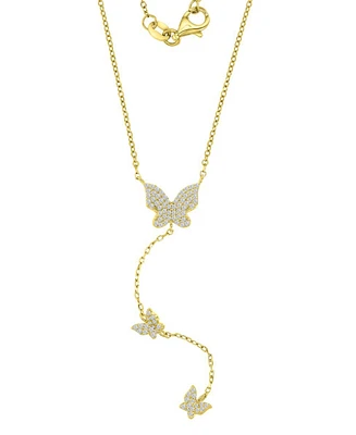 Cubic Zirconia Three Butterfly Lariat Necklace in 14k Gold-Plated Sterling Silver, 16" + 2" extender