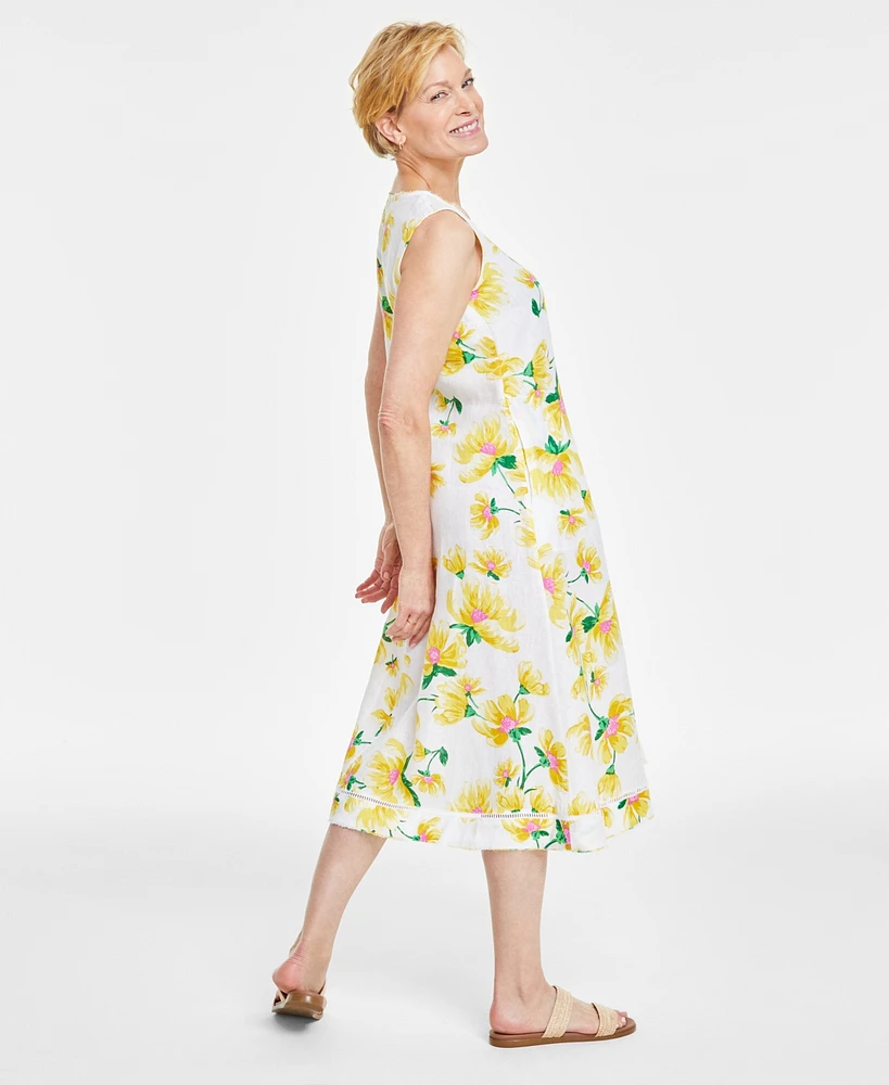 Charter Club Women's 100% Linen Floral-Print Sleeveless Midi Dress, Created for Macy's