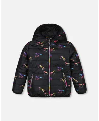 Girl Quilted Mid-Season Jacket Black Printed Multicolor Unicorns