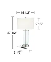 Watkin Modern Table Lamps 27.5" Tall Set of 2 Led with Usb and Ac Power Outlet in Base Dimmable Clear Glass Column White Drum Shade for Living Room Be