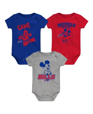 Baby Boys and Girls Royal, Red, Gray Buffalo Bills Three-Piece Disney Game Time Bodysuit Set