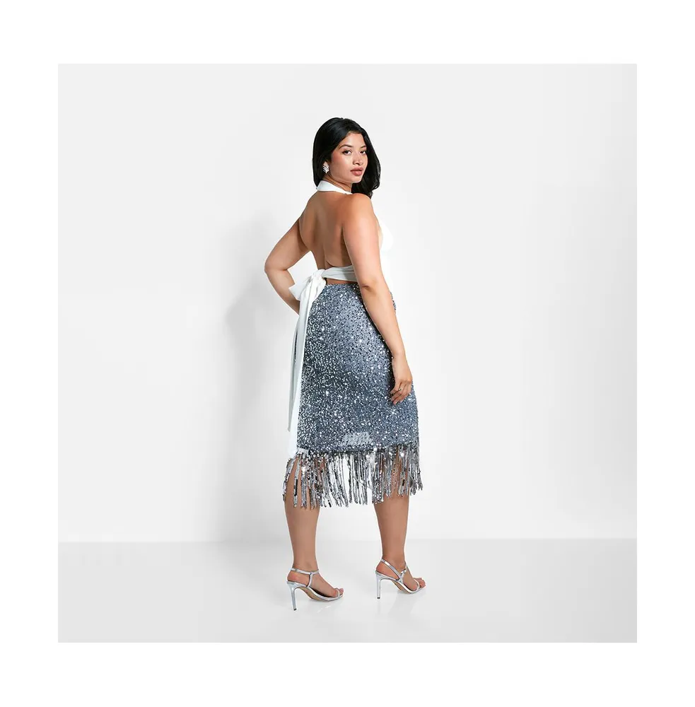 Rebdolls Women's Plus Size Glimmer Sequin Fringe Midi Bodycon Skirt