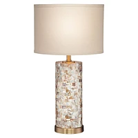 Margaret Coastal Accent Table Lamp 23" High Mother of Pearl Tile Cylinder Glass Cream Linen Fabric Drum Shade for Living Room Bedroom Beach House Beds