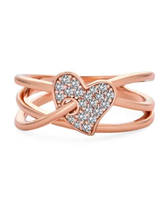 Romantic Pave Cz Accent Cubic Zirconia Crossover Intertwined Infinity& Heart Promise Ring For Women Rose Gold Plated .925 Sterling Silver