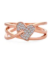 Romantic Pave Cz Accent Cubic Zirconia Crossover Intertwined Infinity& Heart Promise Ring For Women Rose Gold Plated .925 Sterling Silver
