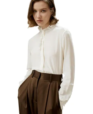 Crepe de Chine Silk Blouse with Ruffle Edge for Women