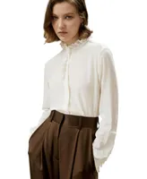Crepe de Chine Silk Blouse with Ruffle Edge for Women