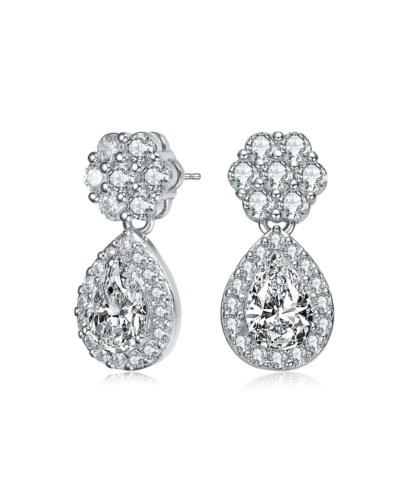 Sterling Silver with White Gold Plated Clear Pear and Round Cubic Zirconia Halo with Flower Post Drop Earrings