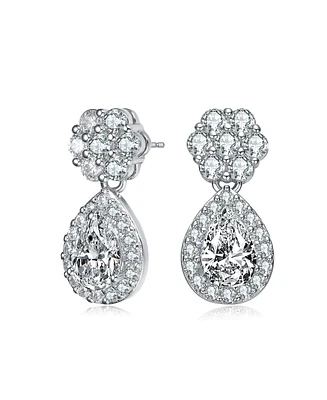 Sterling Silver with White Gold Plated Clear Pear and Round Cubic Zirconia Halo with Flower Post Drop Earrings