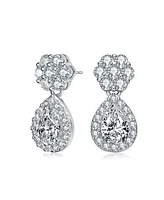 Sterling Silver with White Gold Plated Clear Pear and Round Cubic Zirconia Halo with Flower Post Drop Earrings