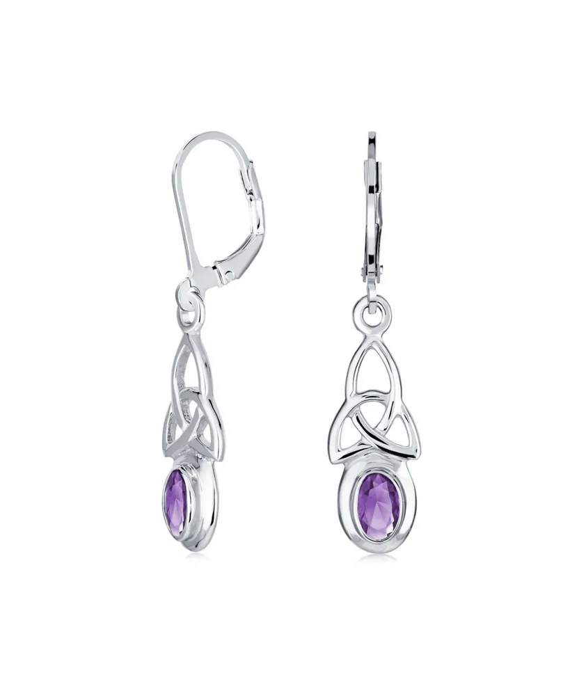 Bling Jewelry Irish Love Knot Oval Bezel Set Purple Natural Amethyst Dangle Celtic Knot Earrings For Women Sterling Silver Lever Back