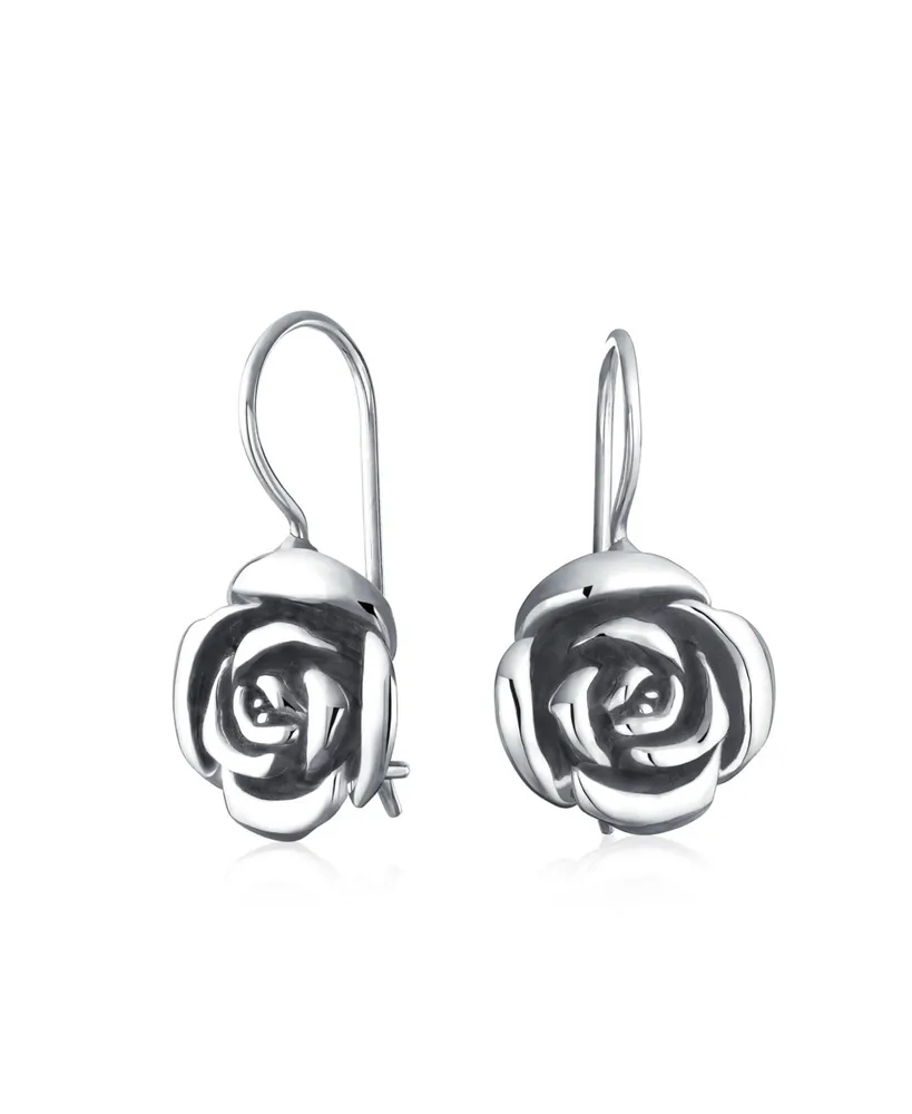 Bling Jewelry Rose Flower Drop Earrings French Wire For Women Black Oxidized Sterling Silver