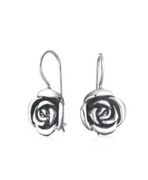 Bling Jewelry Rose Flower Drop Earrings French Wire For Women Black Oxidized Sterling Silver