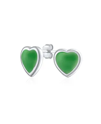 Bling Jewelry Heart Shaped Stud Earrings: Women Sterling Silver Bezel Set Green Natural Jade