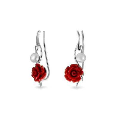 Trendy 3D Red Rose Flower White Freshwater Cultured Pearl Wire Ear Pin Climbers Crawlers Earrings For Women .925 Sterling Silver