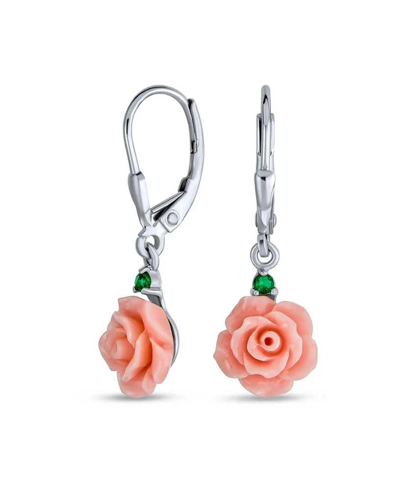 Romantic Delicate Floral Blooming 3D Pink Rose Flower Green Cz Accent Lever back Dangle Earrings For Women Teen .925 Sterling Silver