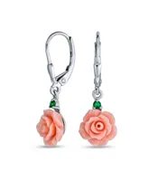 Romantic Delicate Floral Blooming 3D Pink Rose Flower Green Cz Accent Lever back Dangle Earrings For Women Teen .925 Sterling Silver