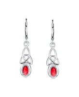 Irish Love Knot Oval Bezel Set Simulated Red Ruby Dangle Celtic Knot Earrings For Women Teens .925 Sterling Silver Lever Back