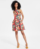 Vince Camuto Petite Printed High-Neck Sleeveless Fit & Flare Dress