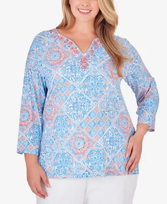 Ruby Rd. Plus Size Embellished Diagonal Tiles Patchwork Top