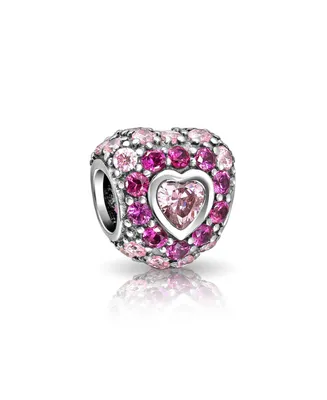 Hot Pink Fuchsia Cubic Zirconia Cz Pave Heart Charm Bead For Women Girlfriend Sterling Silver For European Bracelet