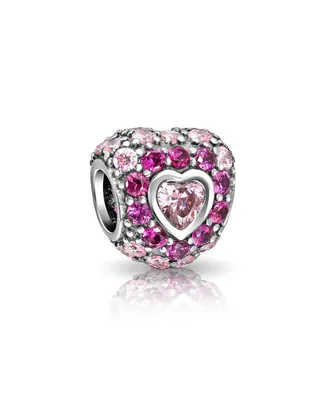 Bling Jewelry Hot Pink Fuchsia Cubic Zirconia Cz Pave Heart Charm Bead For Women Sterling Silver For European Bracelet