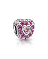 Hot Pink Fuchsia Cubic Zirconia Cz Pave Heart Charm Bead For Women Girlfriend Sterling Silver For European Bracelet