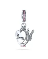 Bling Jewelry Princess Heart Crown Ring Pink Crystal Bail 3 Dangle Charm Bead For Women Sterling Silver Fits European Bracelet