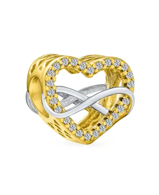 Couples Forever Love Knot Figure 8 Motif Crystal Accent Intertwined Infinity Open Heart Shaped Bead Charm For Women Teens Two Tone Gold Plated.925 Ste