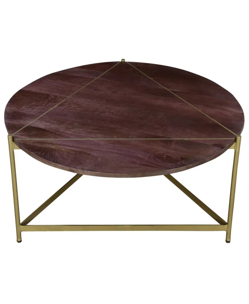 Simplie Fun Ellis 32 Inch Round Wood Coffee Table With Brass Metal Base, Brown, Matte Gold
