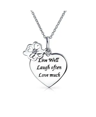 Live Love Laugh Word Quote Circle Flower Charm Heart Shape Pendant Necklace For Women .925 Sterling Silver