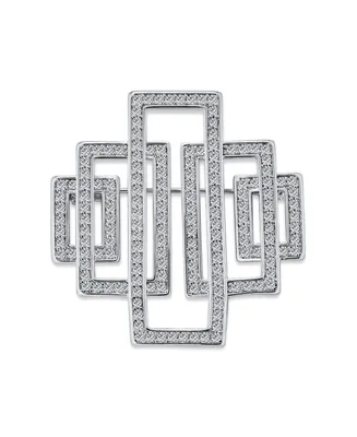 Art Deco Large Rectangular Pave Cubic Zirconia Brooch Pin For Women Silver Tone Rhodium Plated Brass