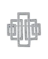 Art Deco Large Rectangular Pave Cubic Zirconia Brooch Pin For Women Silver Tone Rhodium Plated Brass