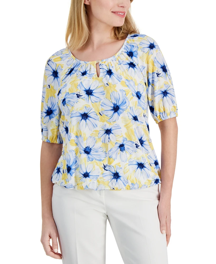 Ak Anne Klein Petite Floral Print Scoop-Neck Elbow-Sleeve Top