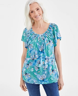 Style & Co Petite Floral Pleat-Neck Knit Top, Created for Macy's