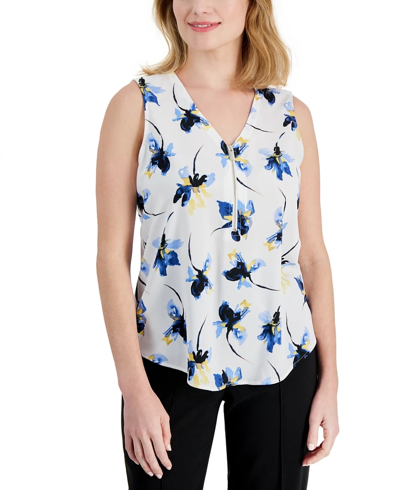 Ak Anne Klein Petite Printed Zip Front V-Neck Sleeveless Top