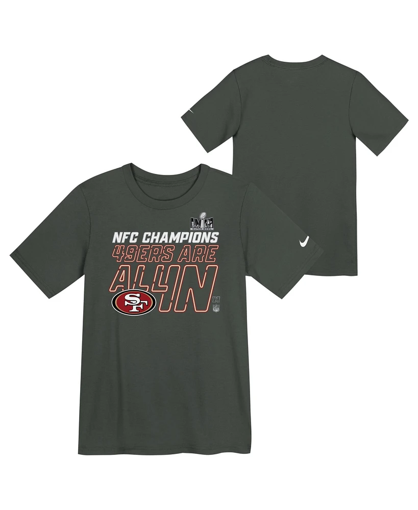 Big Boys and Girls Nike Anthracite San Francisco 49ers 2023 Nfc Champions Locker Room Trophy Collection T-shirt