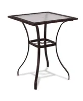 Sugift 28.5 Inch Outdoor Patio Square Glass Top Table with Rattan Edging