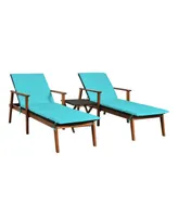 3 Pieces Portable Patio Cushioned Rattan Lounge Chair Set with Folding Table-Turquoise