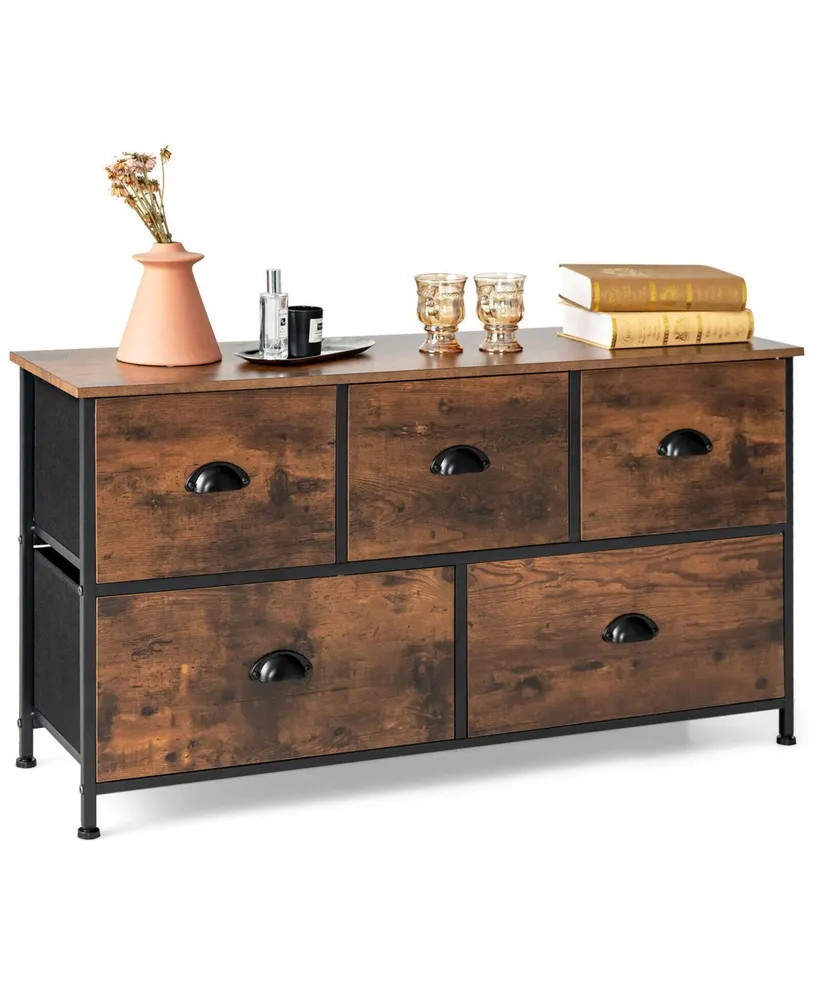 Dresser Organizer with 5 Drawers and Wooden Top-Rustic Brown