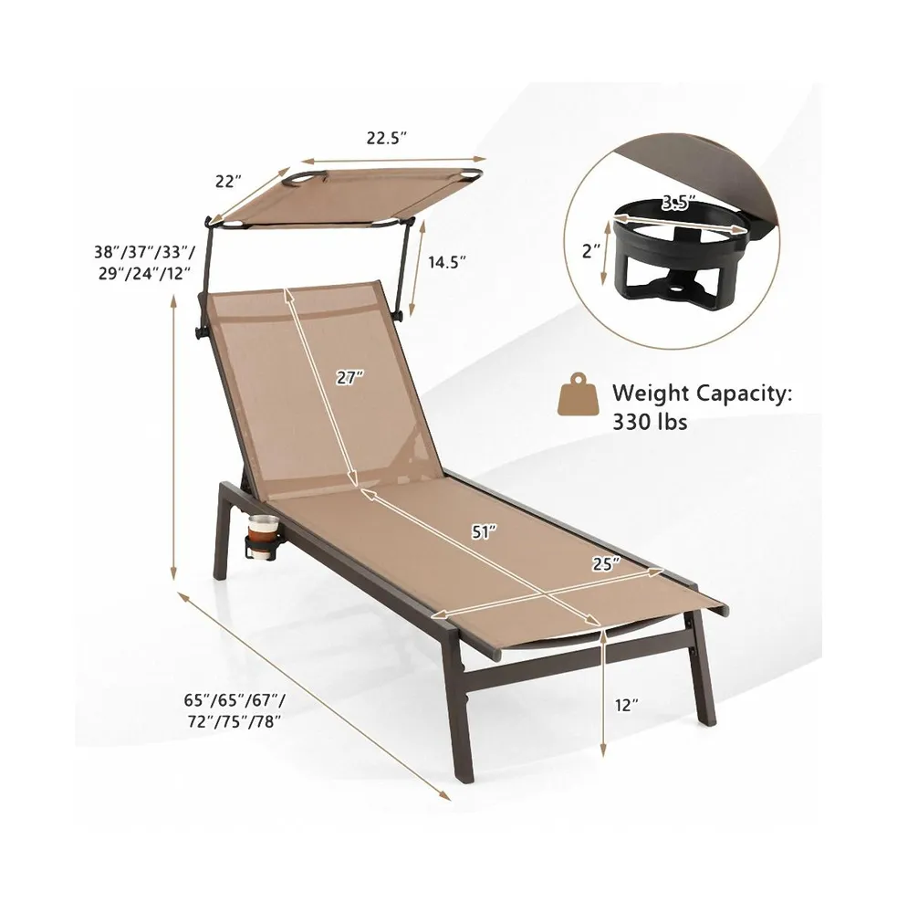 Outdoor Chaise Lounge Chair with Sunshade and 6 Adjustable Position-Brown