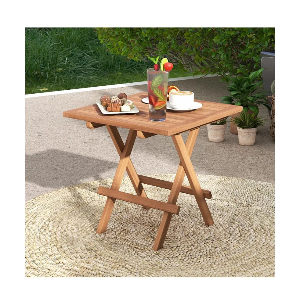 Square Patio Folding Table Teak Wood with Slatted Tabletop Portable for Picnic