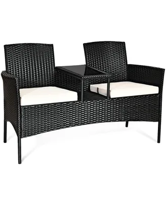 Wicker Patio Conversation Furniture Set with Cushions and Table