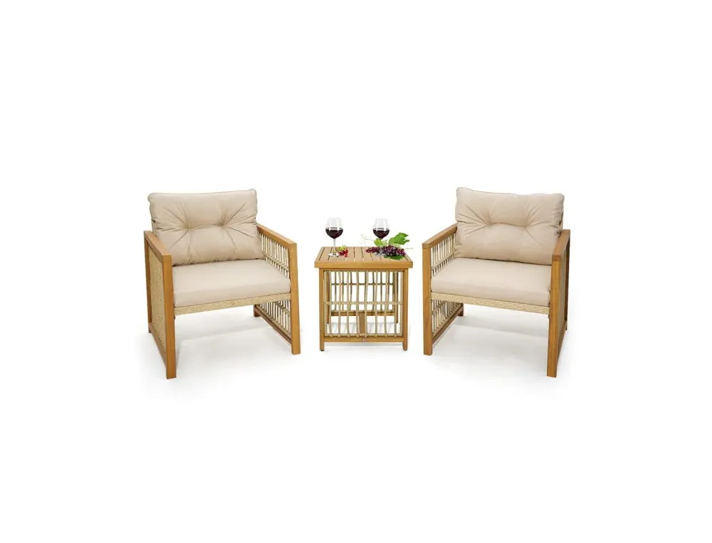 3 Pieces Patio Pe Wicker Conversation Set with Acacia Wood Frame and Cushions