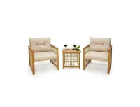 3 Pieces Patio Pe Wicker Conversation Set with Acacia Wood Frame and Cushions
