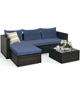 5 Pieces Patio Rattan Sectional Furniture Set with Cushions and Coffee Table -Navy