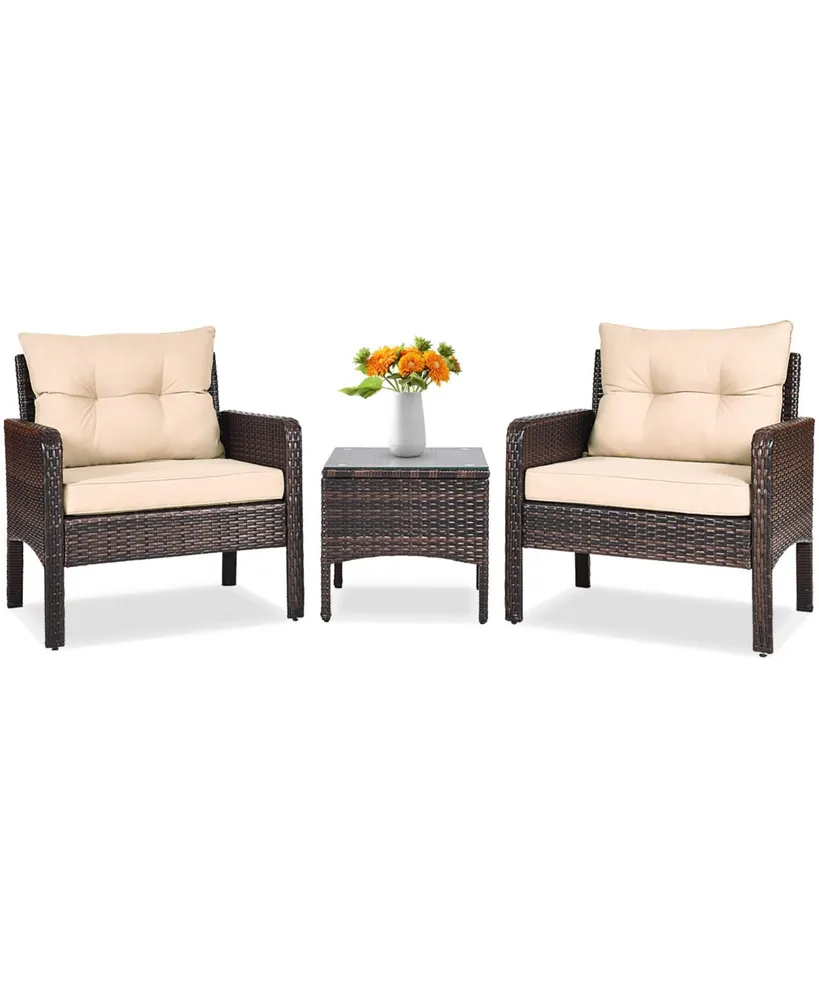 3 Pieces Outdoor Patio Rattan Conversation Set with Seat Cushions-Beige